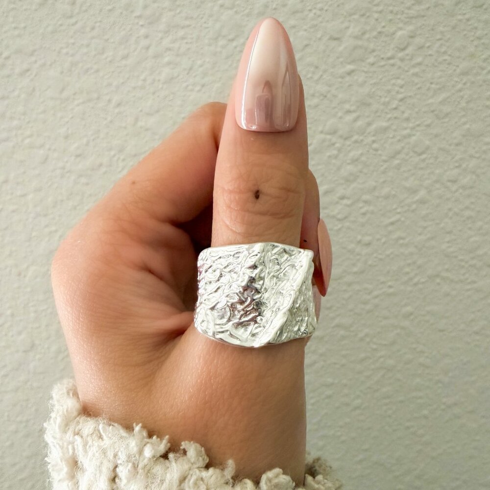 925 Sterling Silver Chunky Ring Irregular Geometric Ring Textured Statement Ring - Picture 9 of 11
